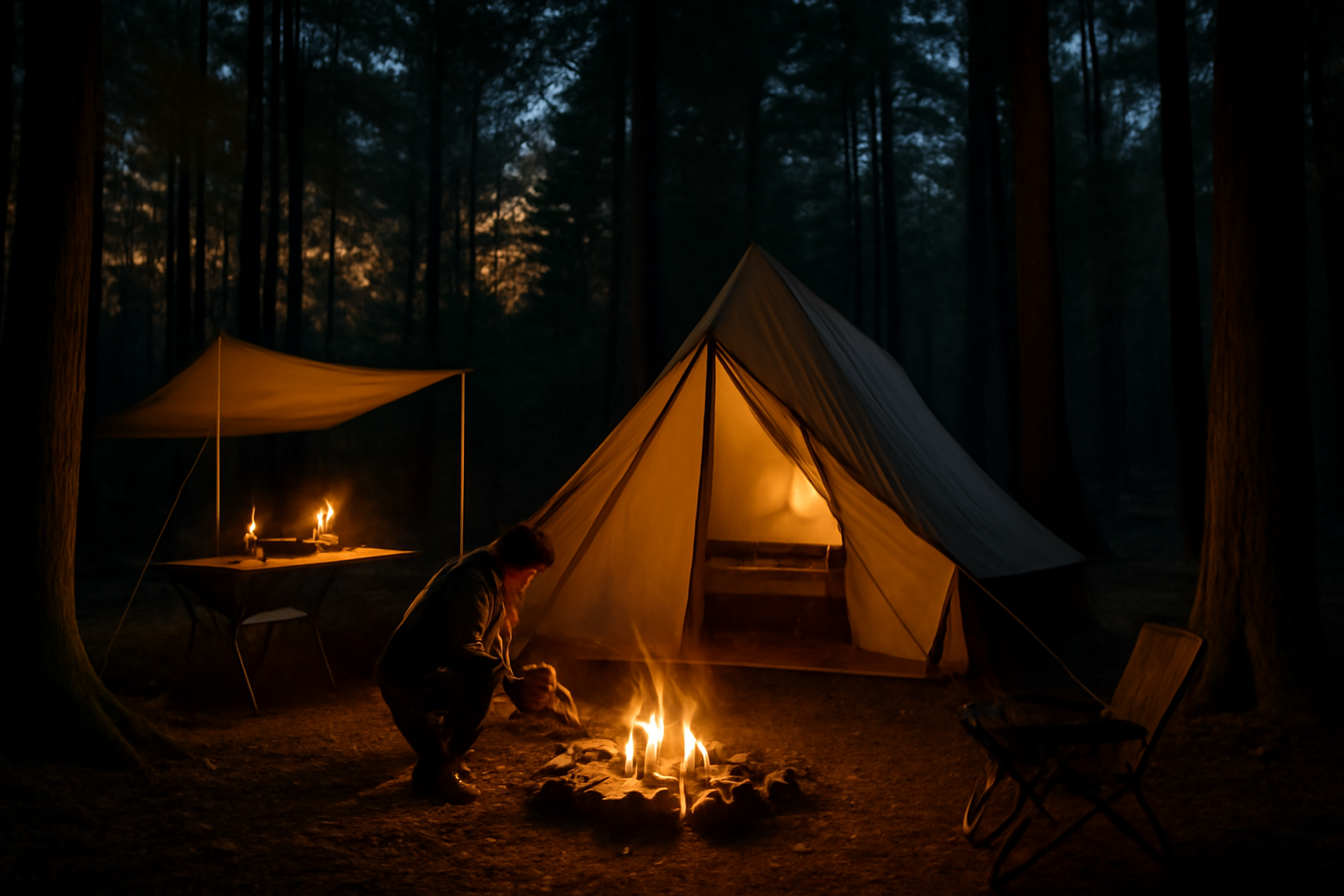 ロマビスタ 夕暮れの森でキャンプ準備をする様子を温かい光で表現したリアルな風景写真イメージ