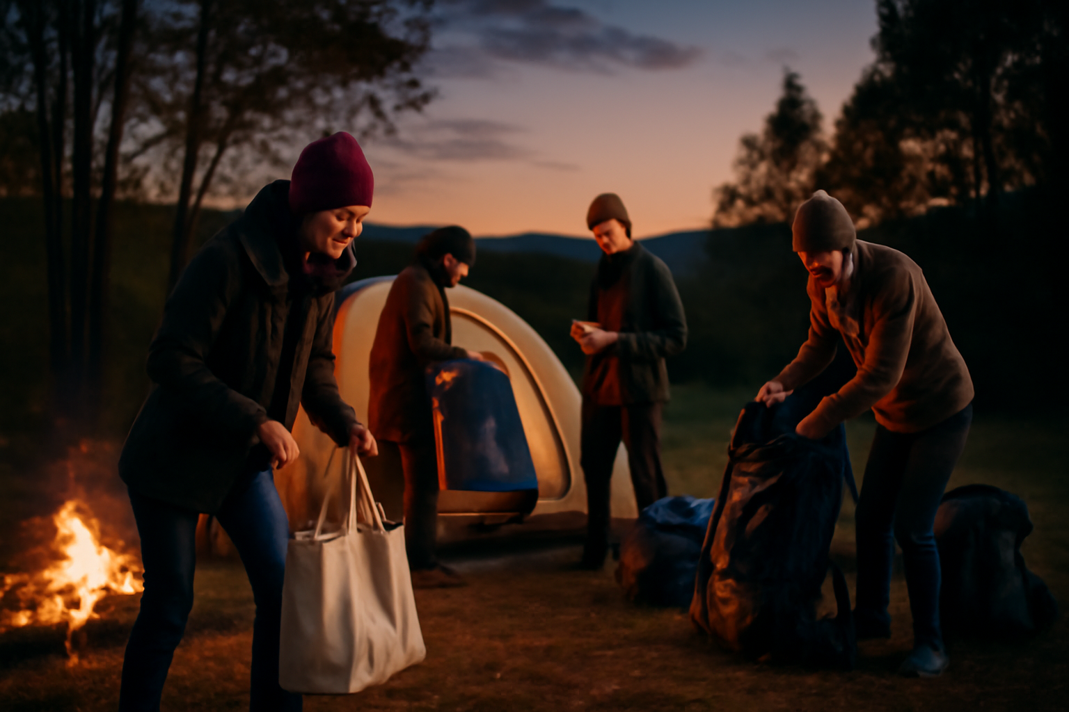 紀ノ國屋バッグ:次の行動を後押しするような夕暮れのキャンプ場でバッグを手にするシーンを写した写真です。