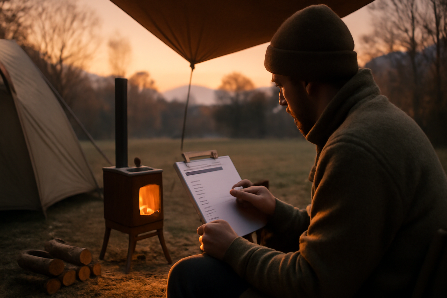 ミドラ薪ストーブ新作の予約準備を促すイメージ、秋のキャンプ場で夕暮れにチェックリストを確認する風景