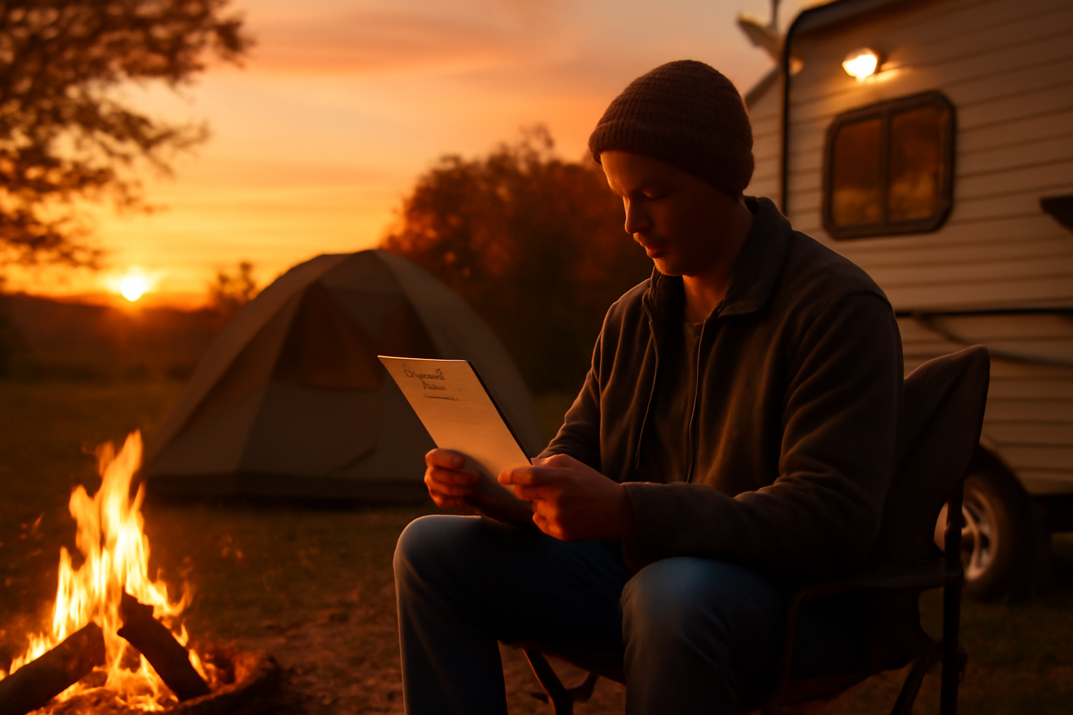 ロゴス冷凍庫周りで安全について考えるキャンパーの夕暮れシーン。秋空と暖色の焚火、安心感ある構図