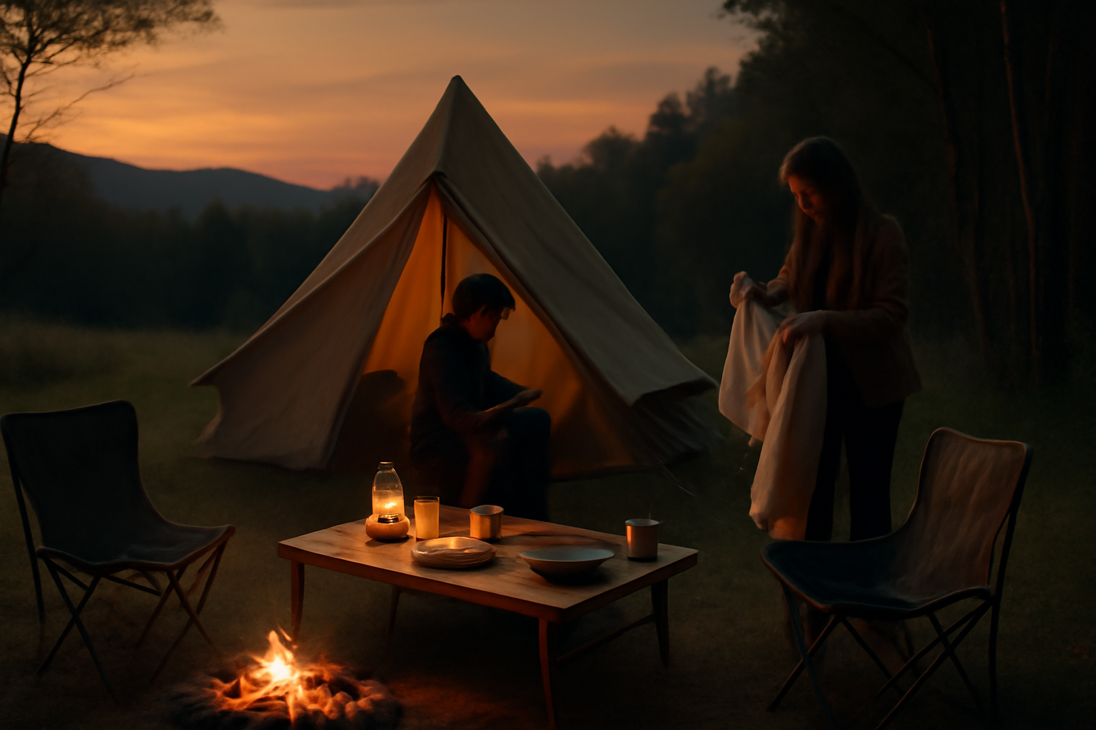 ポケット椅子:編集ノートの次の行動を促す場面を表現した夕暮れのキャンプの情景、家族が片付けを始める準備の様子