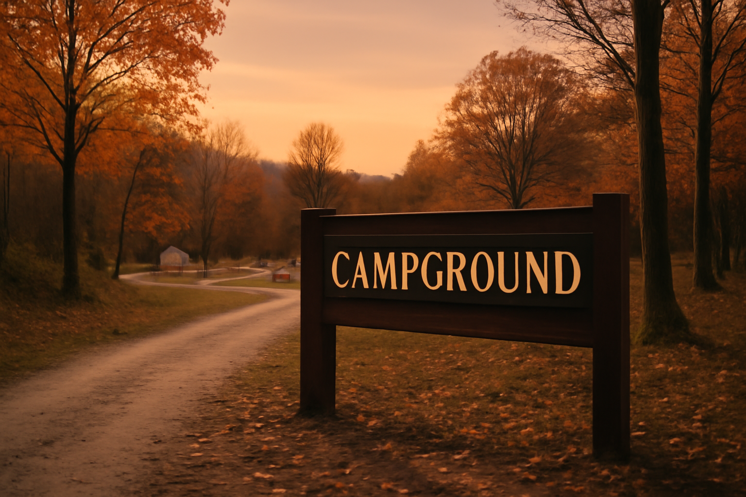 スノーピーク韓国初の開業案内を思わせる夕暮れのサイト看板と入口を描いた写真、秋のやわらかな光で