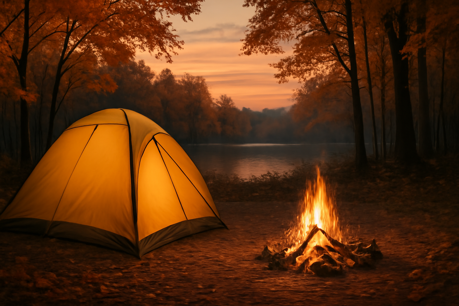 茨城キャンプでの次の一歩を促す情景、秋の夕暮れにテントと焚き火が並ぶ落ち着いた風景を広角で捉えた写真