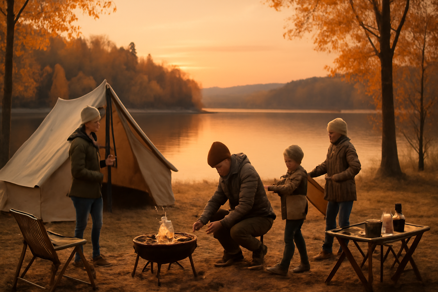 キャンプブーム 秋の湖畔でデイキャンプを準備する家族、暖かな夕暮れを広角で捉えた写真
