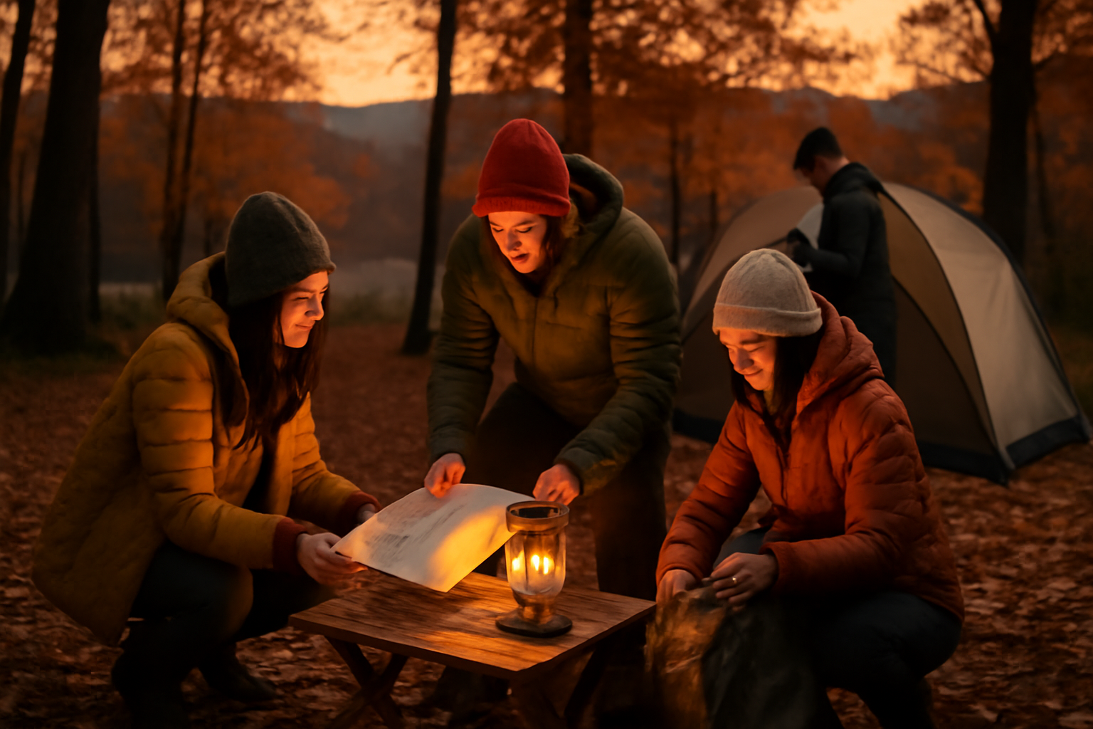 ノースフェイス着回し：冬キャンの計画を立てる場面を夕暮れのキャンプ場で示したイメージ写真、暖かな光で撮影
