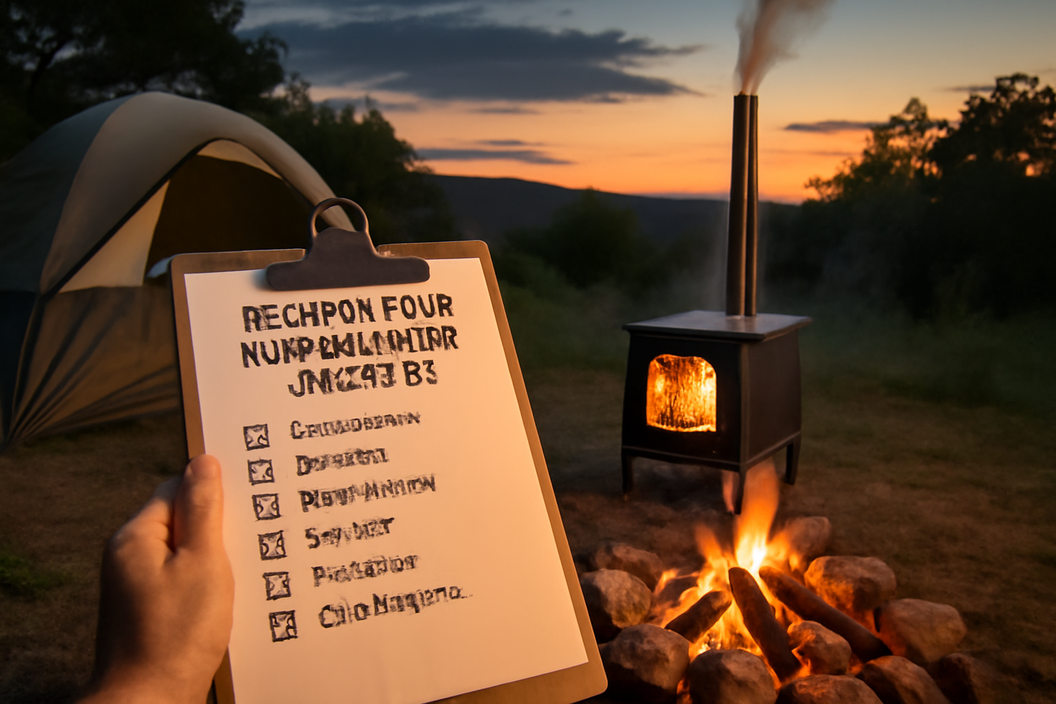 ミドラ薪ストーブ新型の予約と準備を促す場面、夕暮れのキャンプでのチェックリストを想像した写真