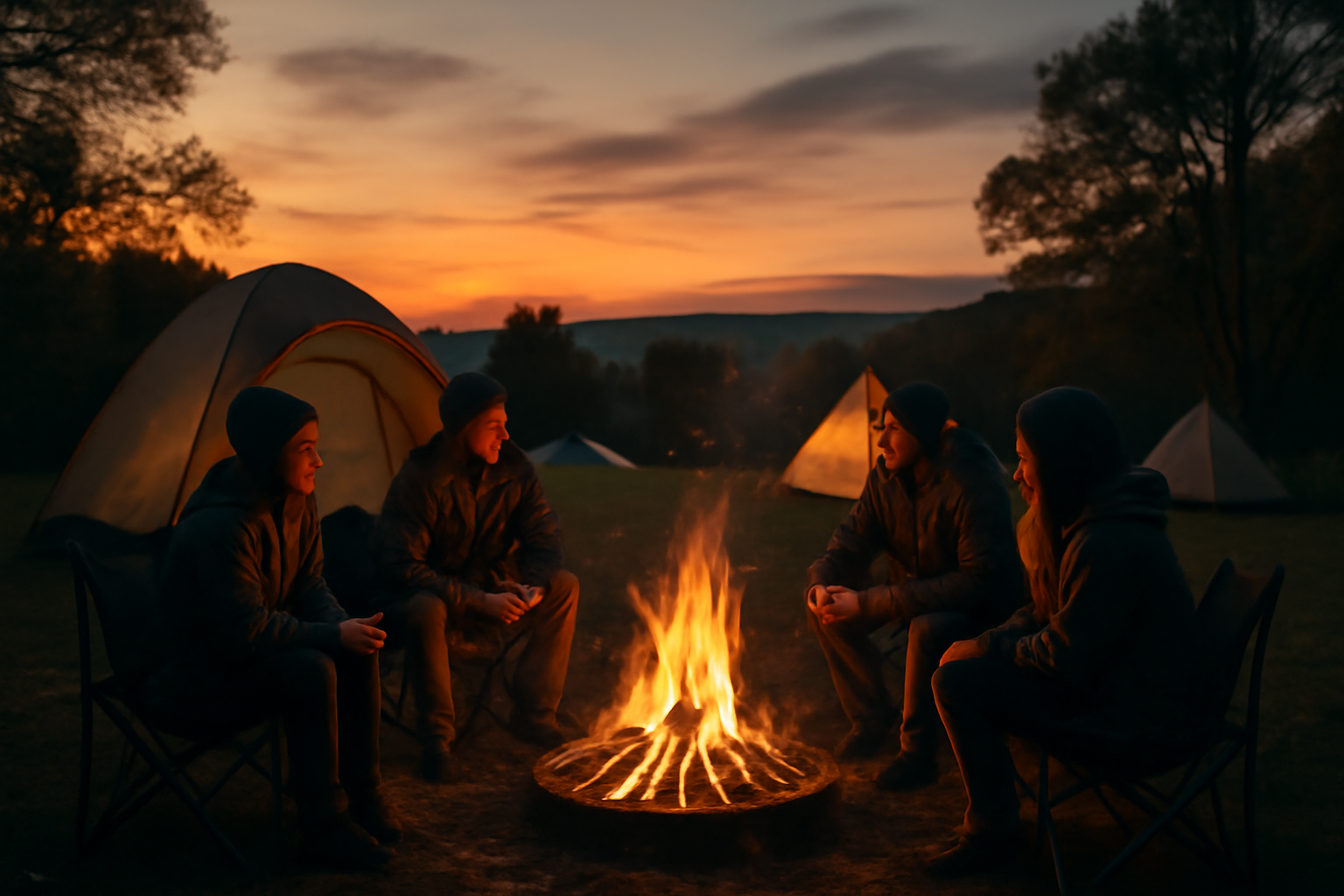 フィールアース:参加者が焚き火を囲んで語らう夕暮れの情景を表現した写真、秋の穏やかな時間