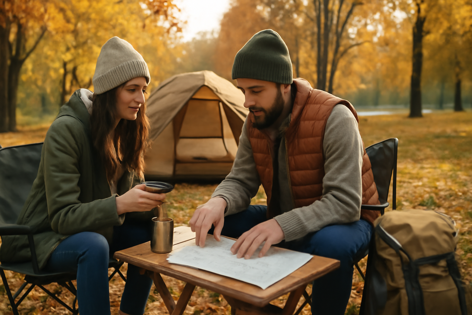 キャンプで再会物語:近場デイキャンプを予約する準備風景、秋の午後の柔らかな光とカジュアルな装備