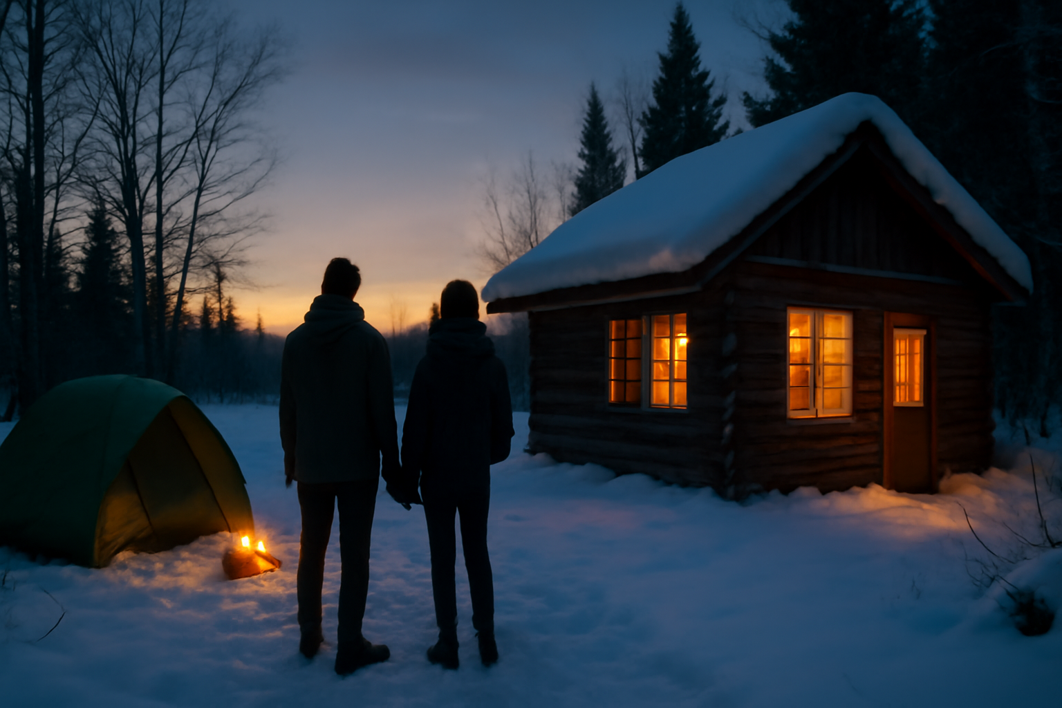 ワイドコット収納術のエディターノートを表す冬夕暮れ、コテージへ避難する決断シーンの横長写真