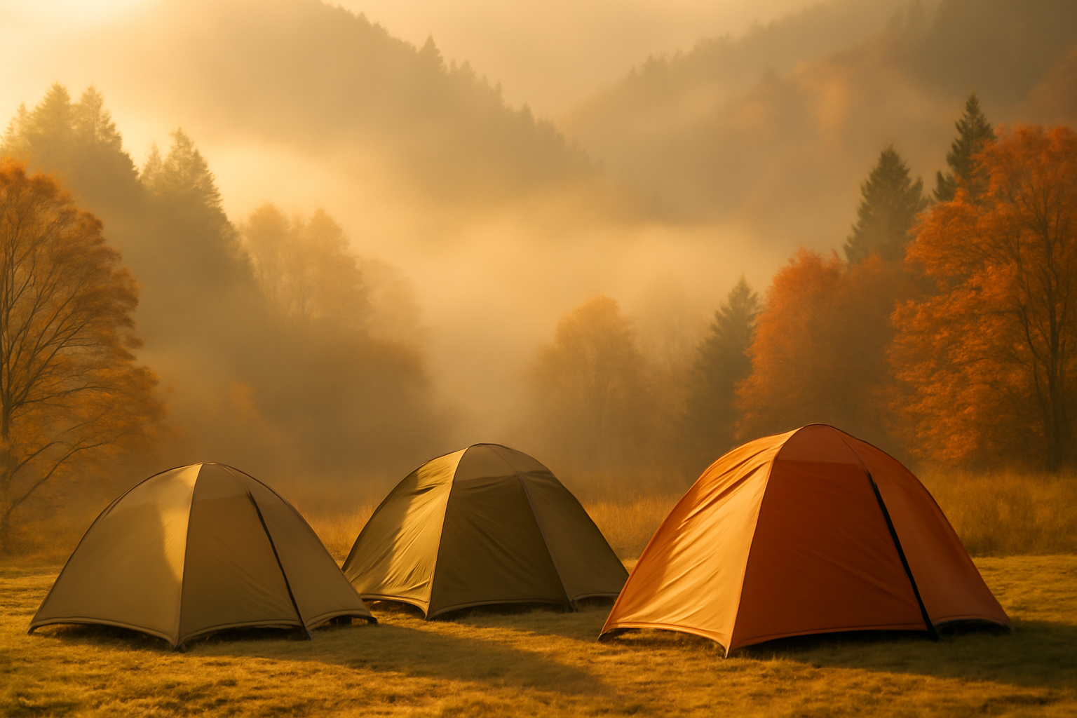 クローチェの朝、東白川村の霧とテントを背景に予約前の風景を写した写真で次の行動を促すイメージ