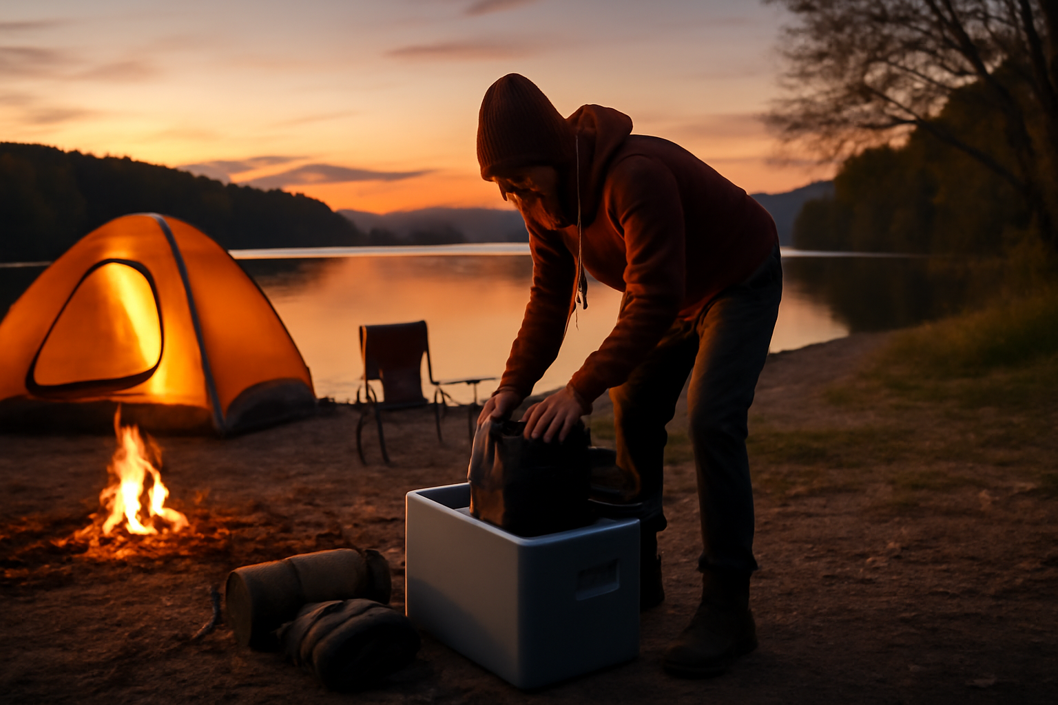 ポータブル冷凍庫導入を後押しする次の行動イメージ、秋の湖畔で夕暮れ時に機材を片付ける家族を広角で捉えた写真