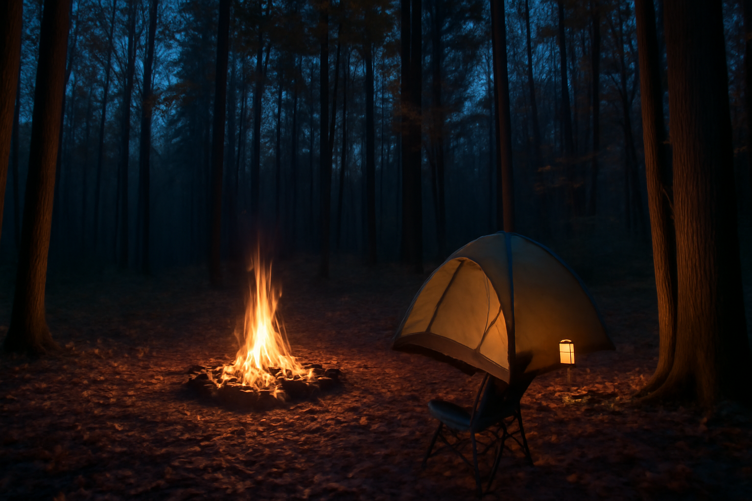 携帯ウエア:秋の林間で焚き火前に次の行動を促すエディターノートの雰囲気を表した夕暮れの風景