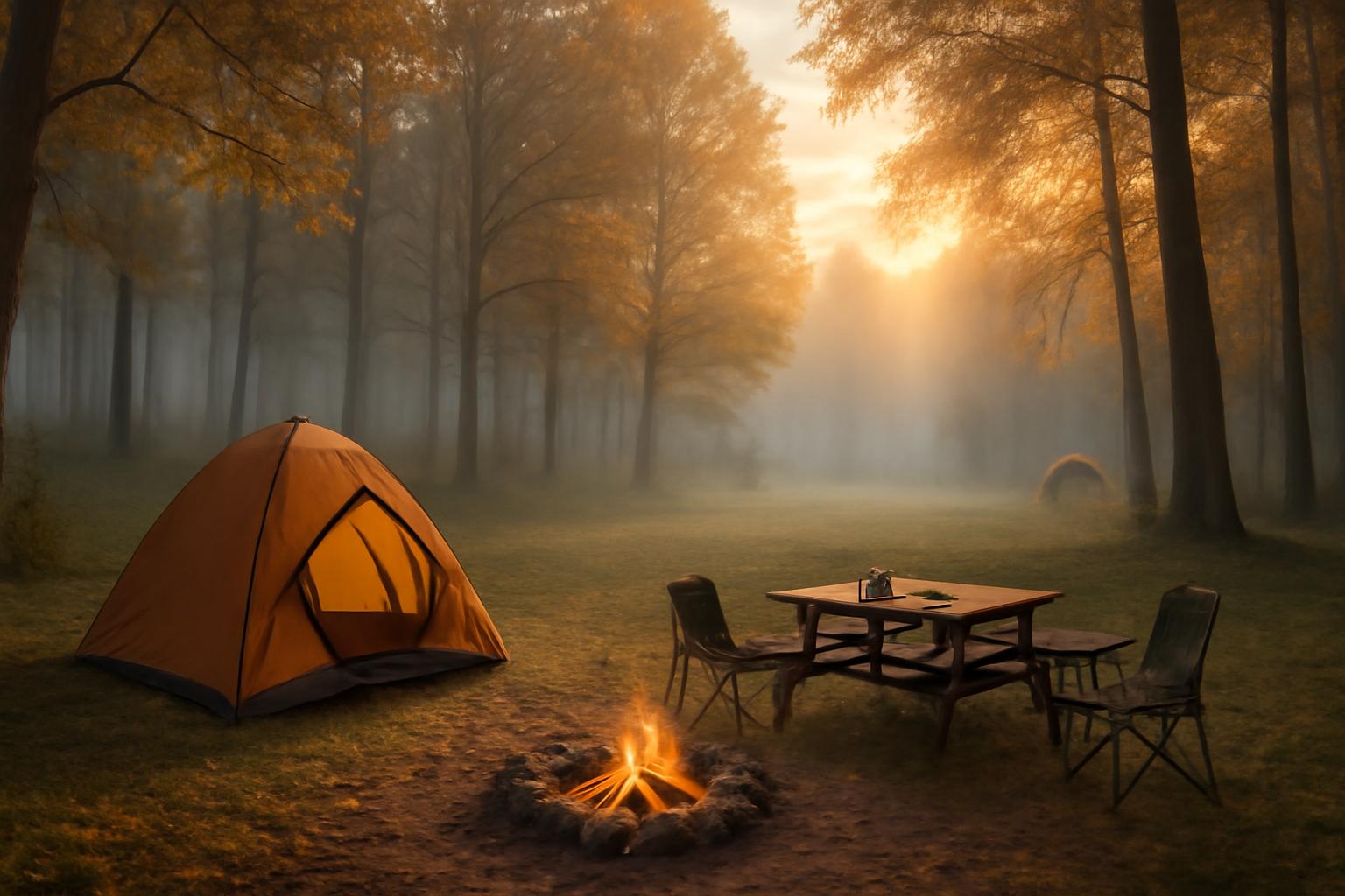 英知の杜での翌朝に向けた準備を促す情景。霧の残る林間、柔らかな夕暮れ光がサイトを包み込む風景です。