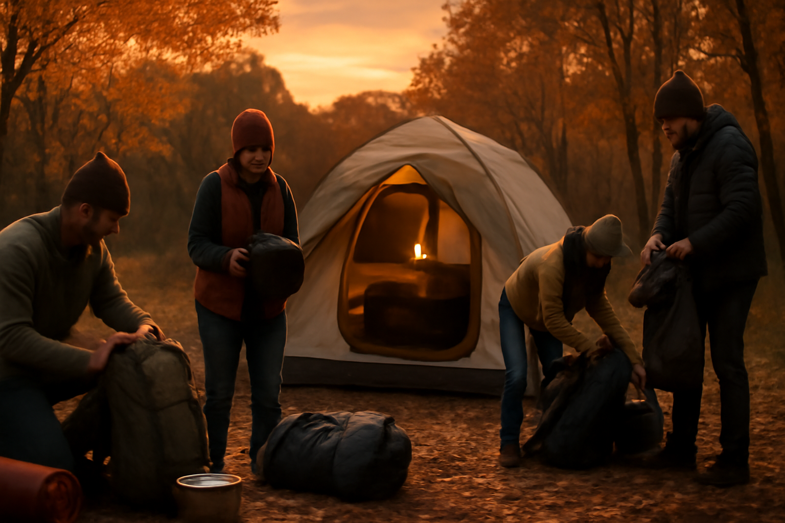 ステンレスなべ: 夕暮れのキャンプ場で荷物をまとめ、次の週末予約を考える風景を穏やかに描写した写真