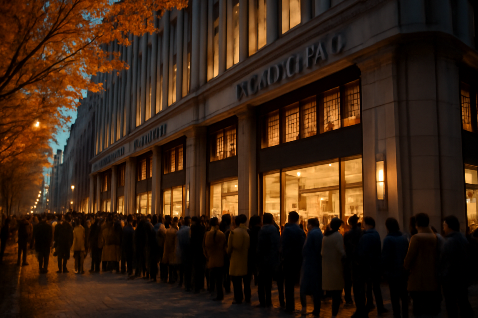 ホノルルクッキーの在庫確認のために大丸東京店の夕暮れの外観と行列の様子を撮影した写真