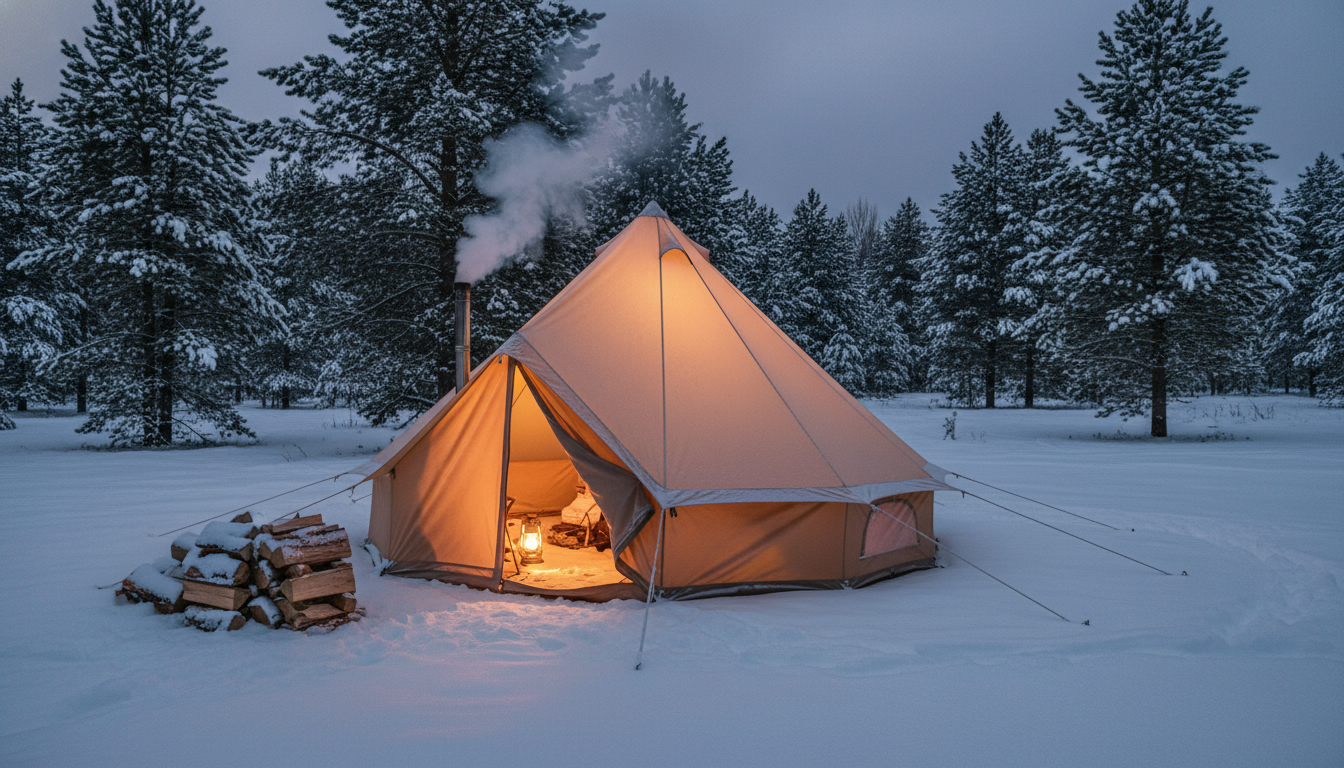 冬キャンプ 寒さ対策としてスカート付きのテントと温かい明かりが灯る雪上のキャンプ風景