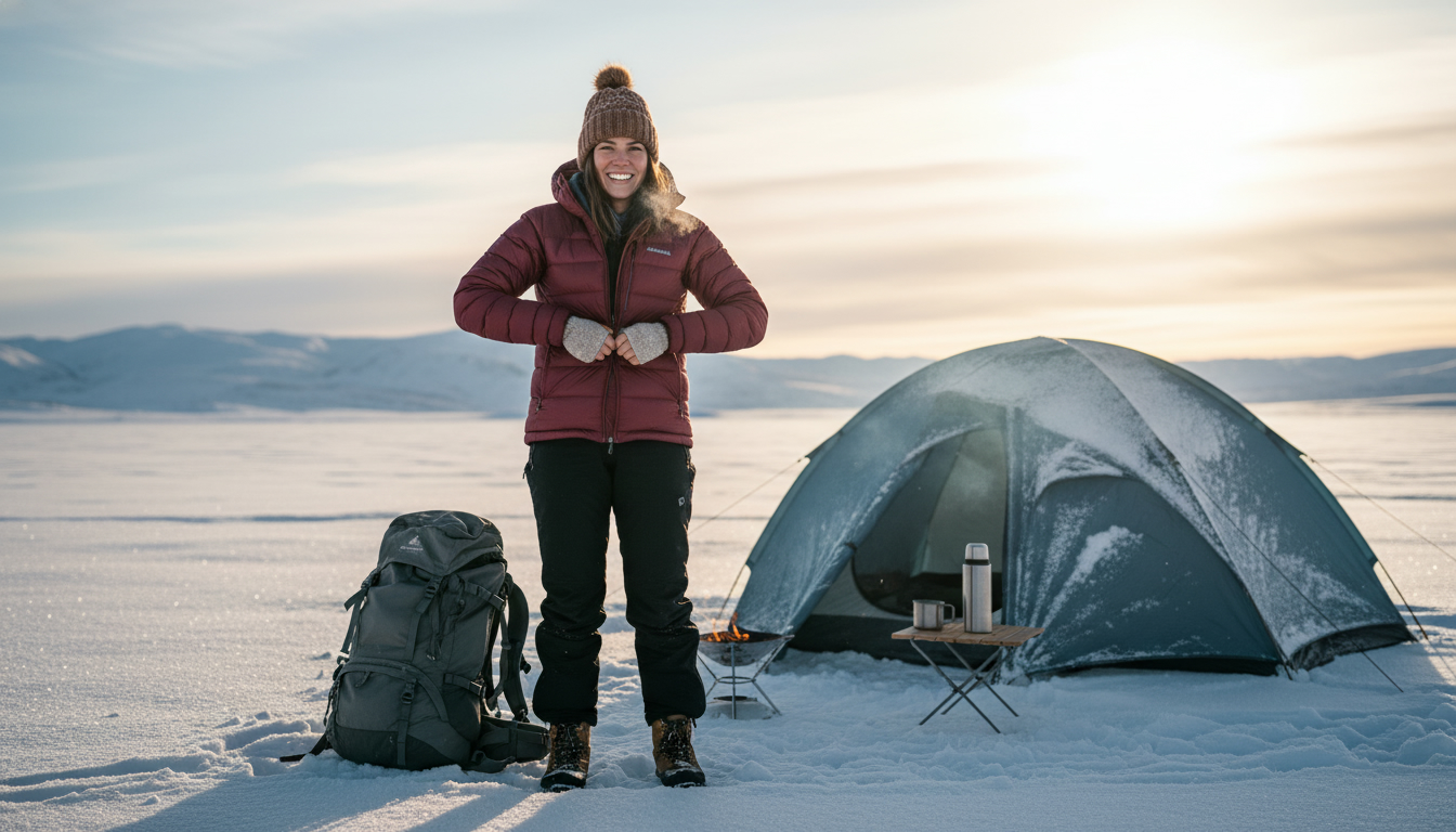 雪中キャンプの服装を整えて雪原のテント前で笑顔を見せる女性キャンパー