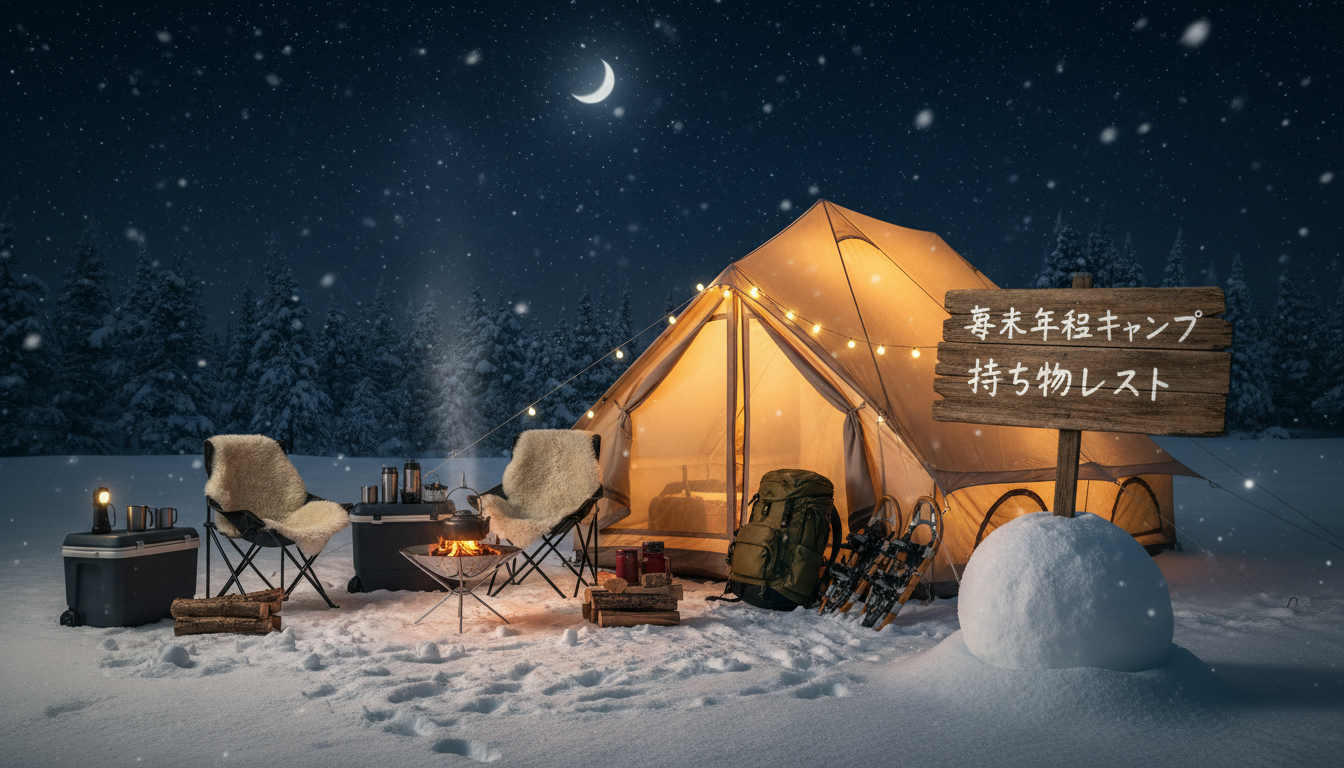 年越しキャンプ 持ち物リストを参考に設営された、雪の中の温かいテントの夜景