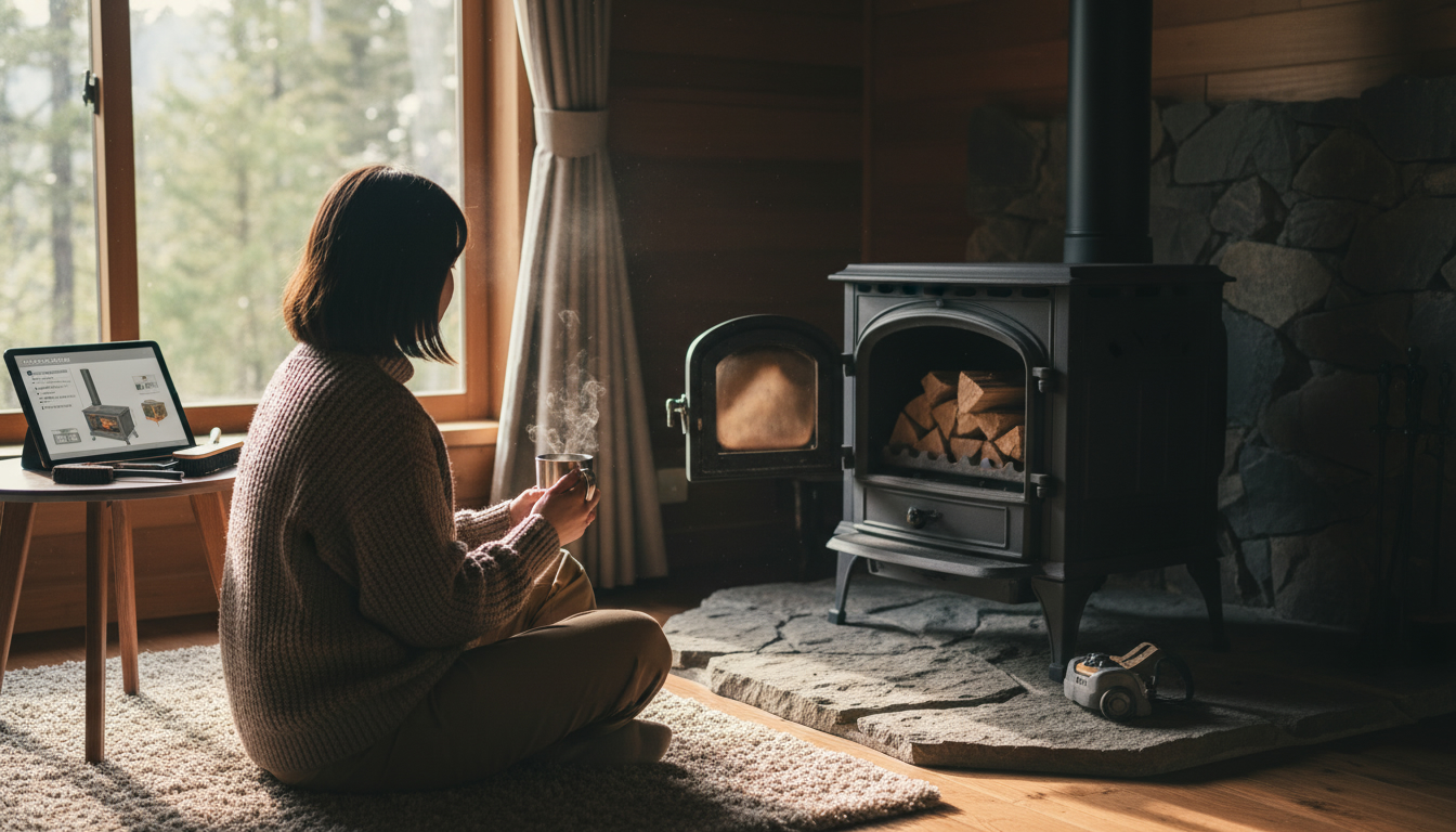 薪ストーブメンテの方法を確認しながら、山のコテージできれいに清掃された薪ストーブの前に座り、静かな朝を楽しむ様子。