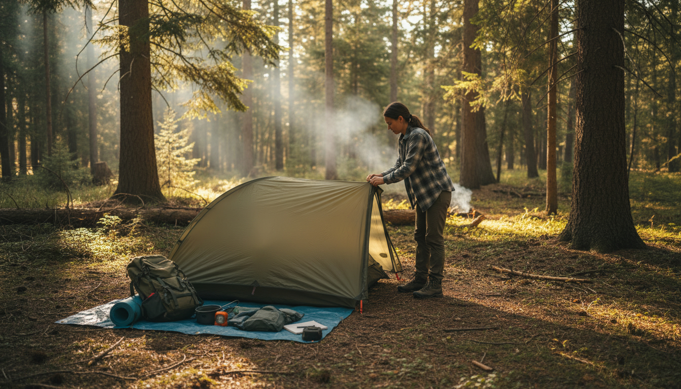 ソロキャンプ持ち物リストを参考に森のキャンプ場で軽量テントを設営する女性キャンパーの様子