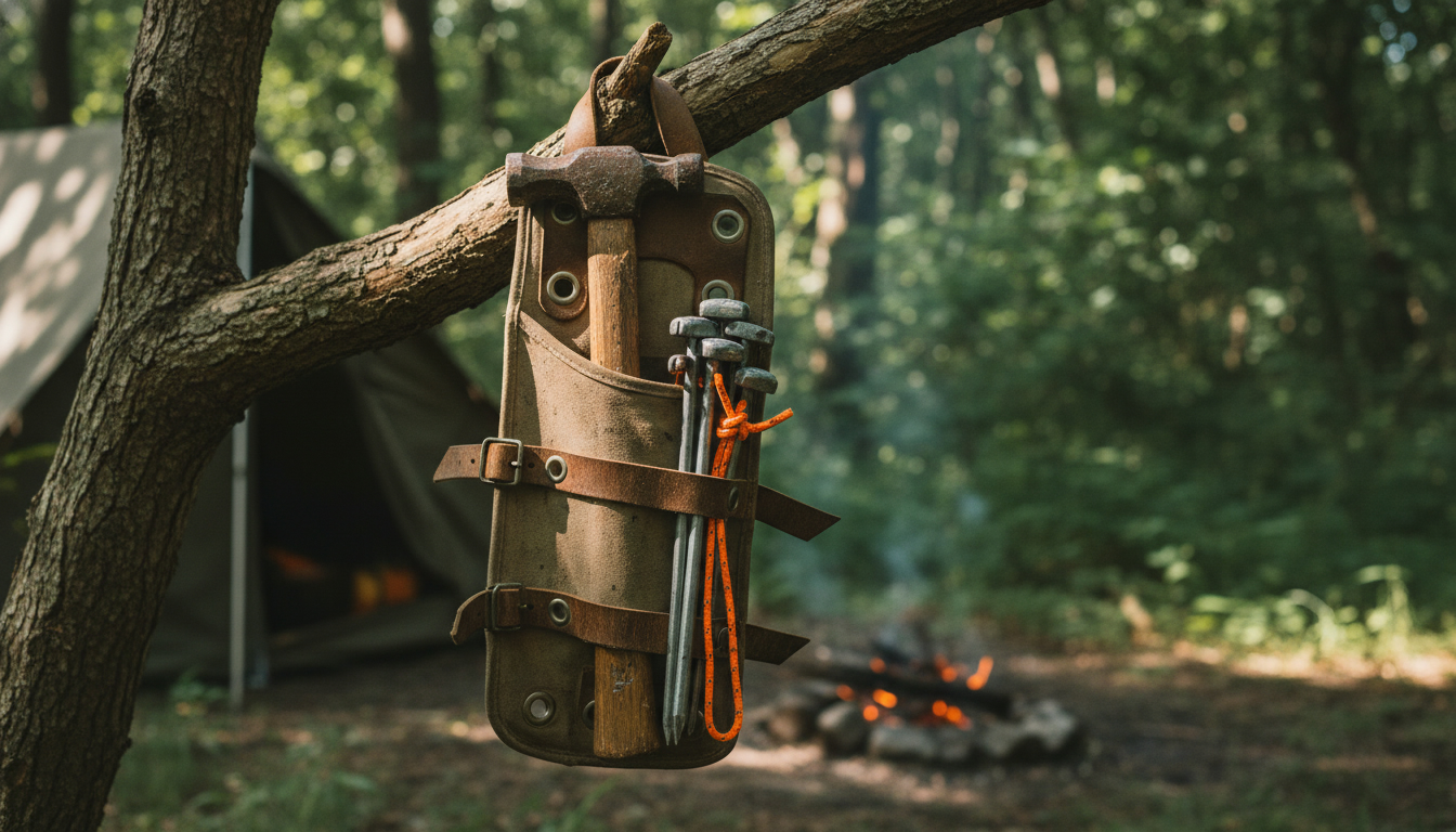 キャンプ用品セールのコツを活かして購入した、丈夫な素材のキャンプ用ホルスターにハンマーとペグが収納されている様子。