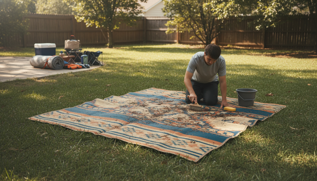 アウトドアラグ 洗えるマットをキャンプ後の庭で丁寧にメンテナンスし、次の冒険に向けて準備をしている様子。