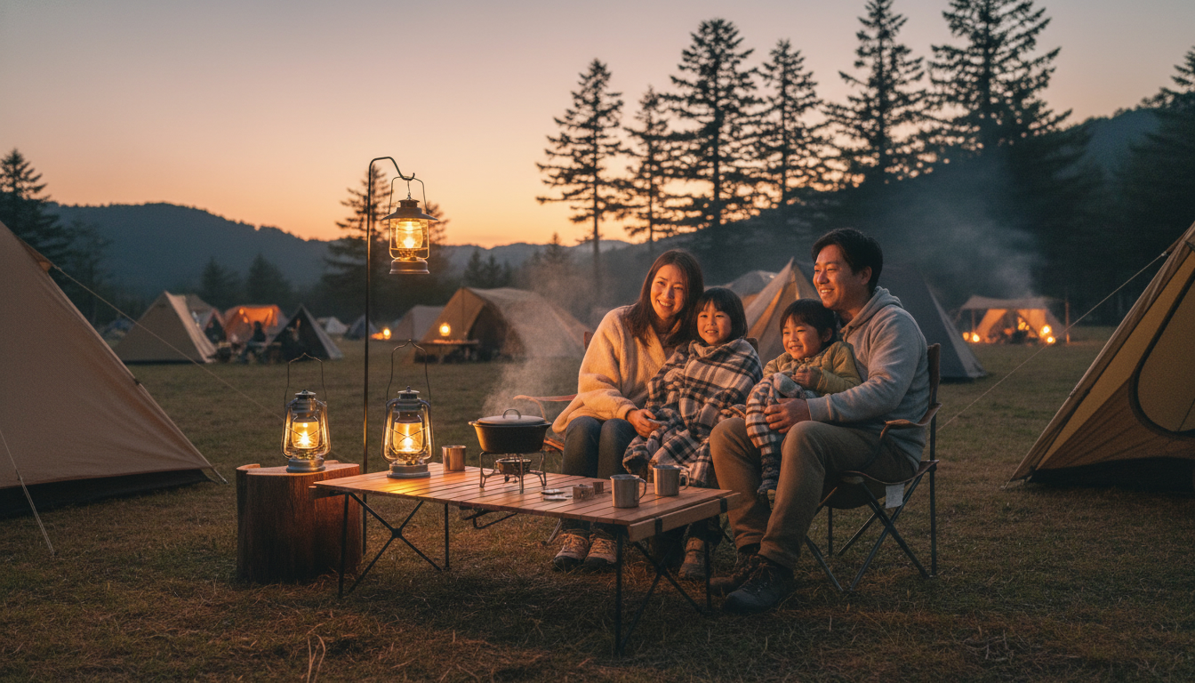 北海道キャンプ記事2025で人気の高規格キャンプ場にて、ランタンの灯りに包まれながら家族でくつろぐ穏やかな夕暮れの様子。