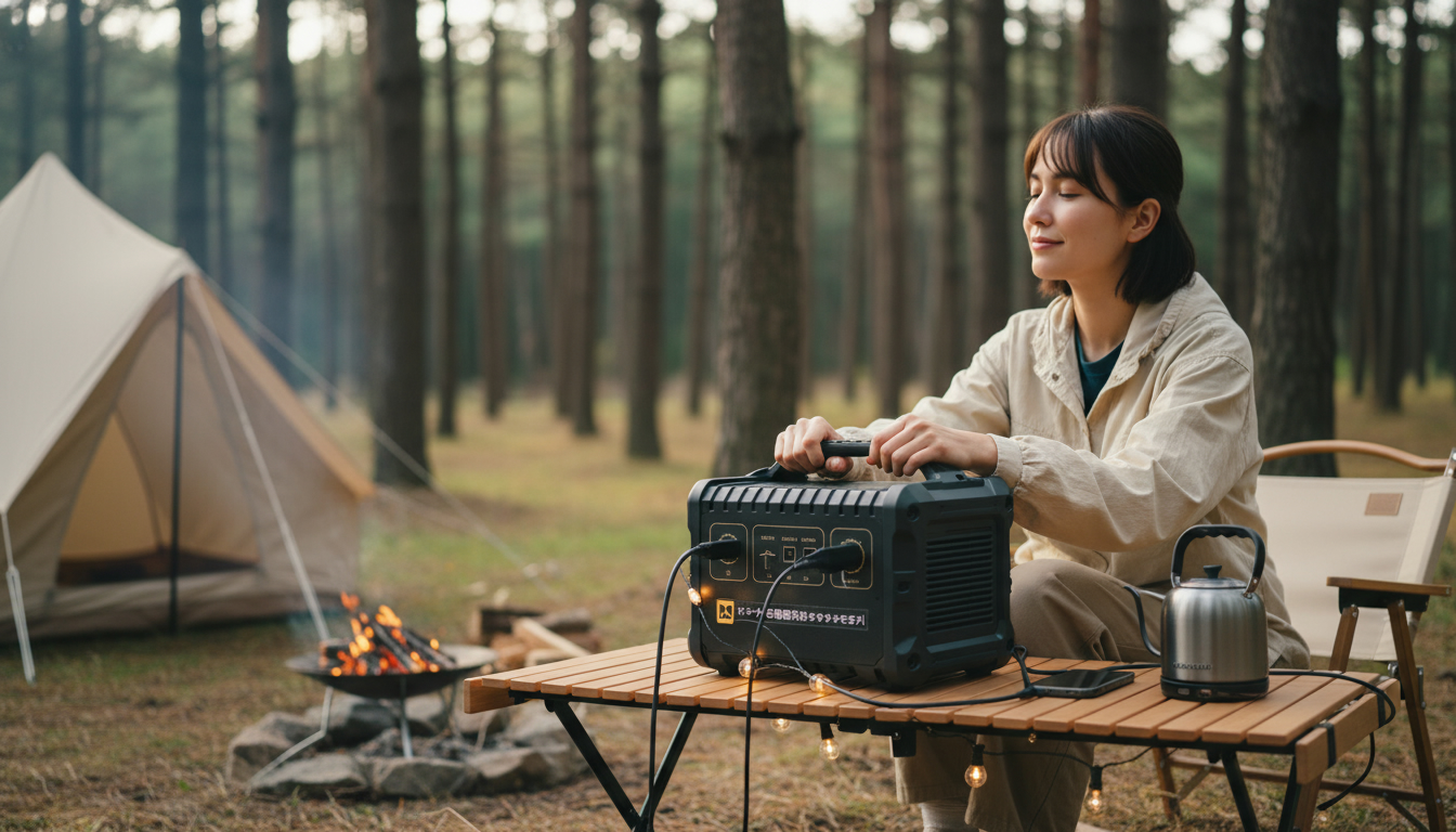 ポータブル電源防災おすすめモデルをキャンプ場で活用して安心する女性