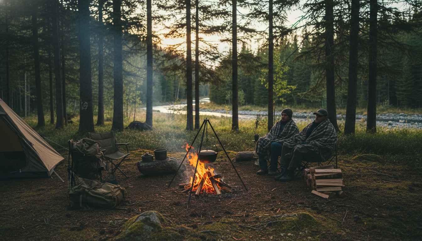 北海道キャンプ記事2025のまとめとして掲載する、静かな森の中の温かな焚き火の様子