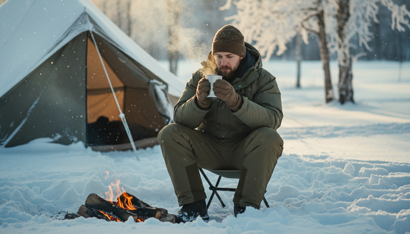 冬キャンプ 寒さ対策を万全にして雪の中で温かい飲み物を楽しむキャンパーの様子