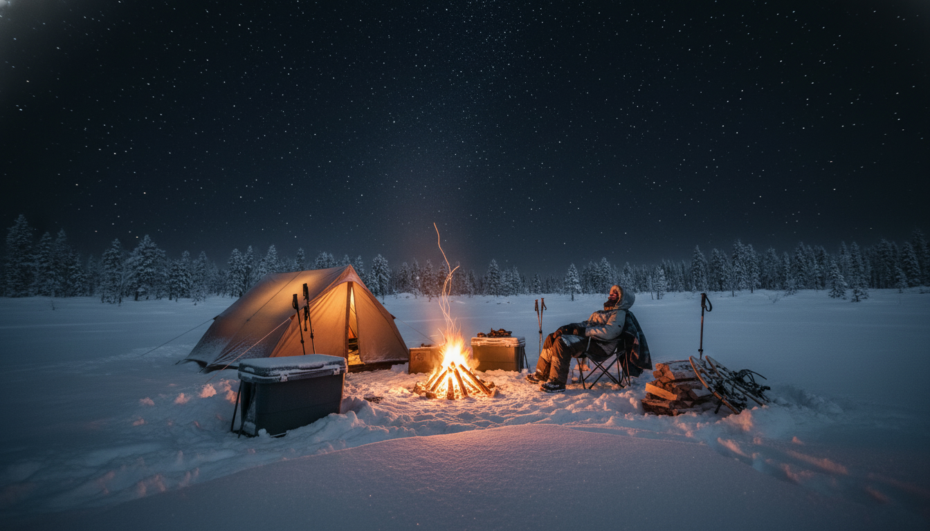 冬キャンプ寒さ対策を万全にして、星空の下で静かに過ごす雪原のキャンプサイトの風景。