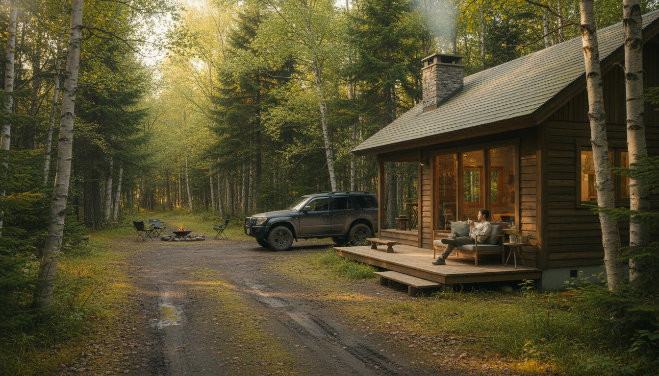 北海道 車乗り入れ可キャンプの後にリラックスできる森の中のコテージ風景
