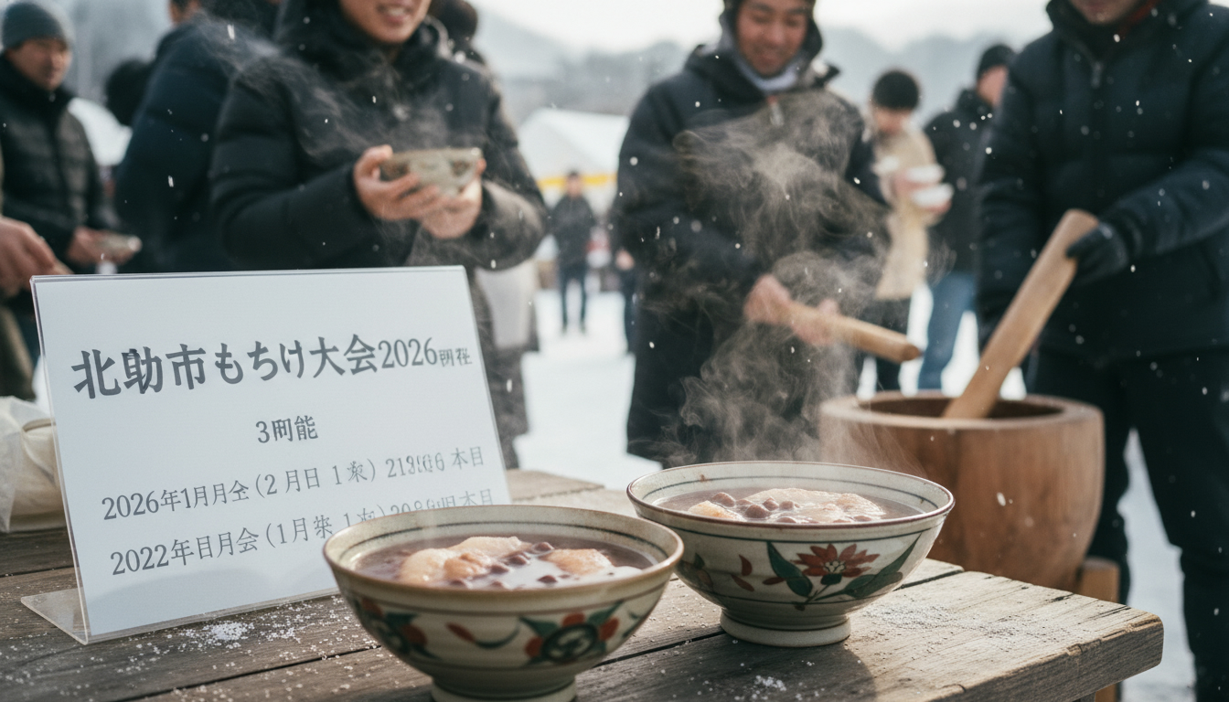 北斗市もちつき大会2026日程で提供される、冬の屋外で温まる美味しそうなぜんざいとお餅
