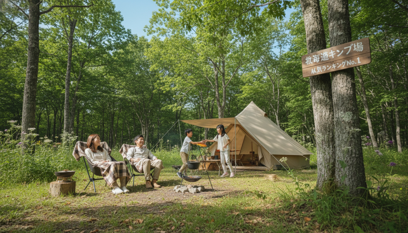 北海道キャンプランキングを参考に訪れた緑豊かなキャンプ場で、楽しそうに過ごす家族の様子。青空の下でリラックスしている姿。