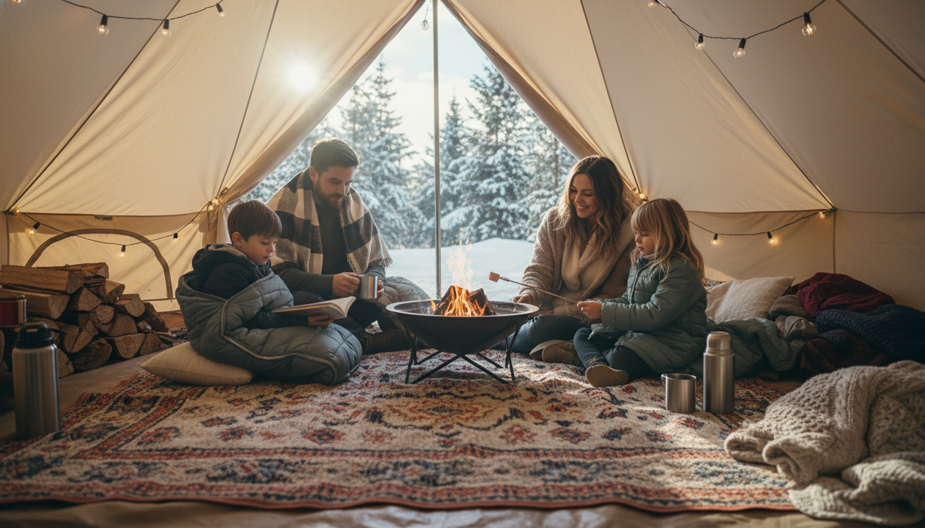 Amazonラグの選び方を知って手に入れたラグの上で、家族がのんびりと過ごす冬のキャンプ風景。