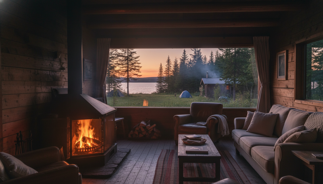 北海道のキャンプ場やコテージで過ごす穏やかな夕暮れ時。暖炉の明かりが灯る温かみのある木のコテージ内部の様子。