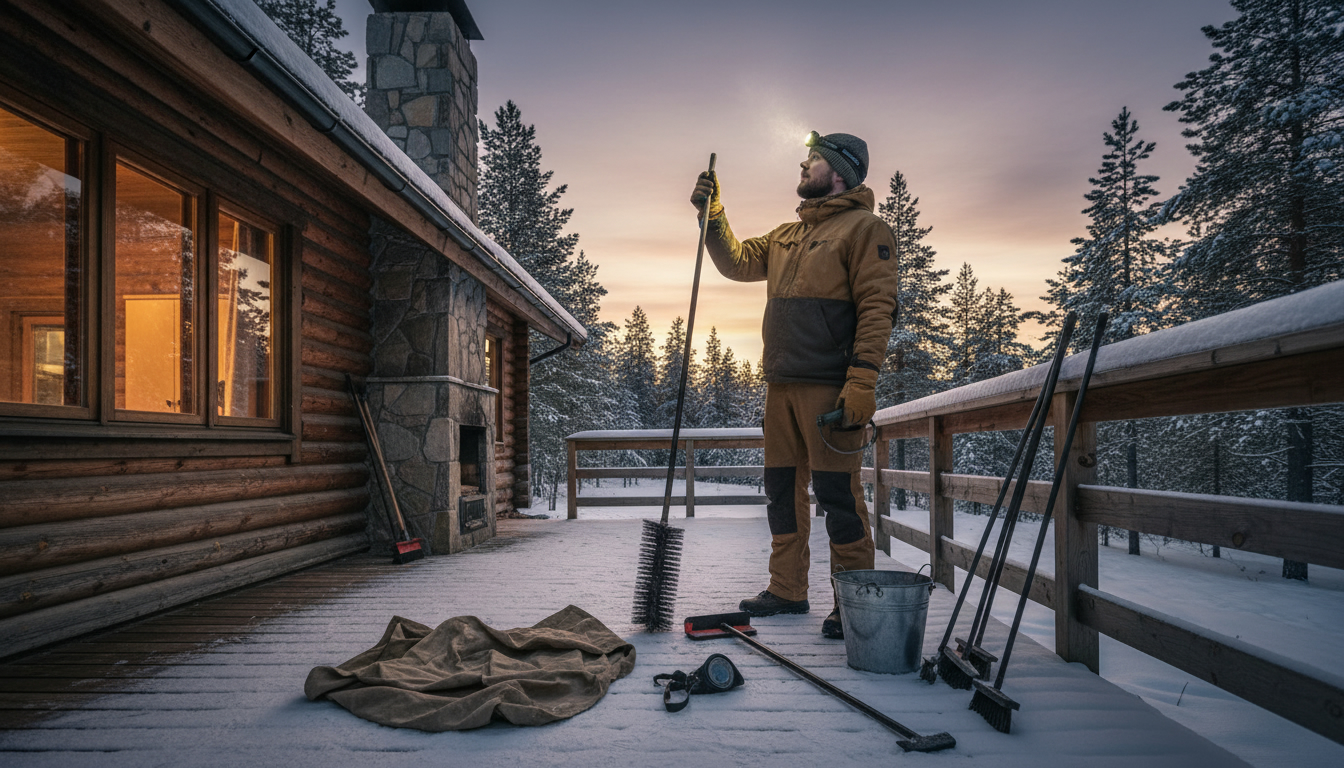 薪ストーブメンテの方法を実践するために、冬の夕暮れ時に煙突掃除の道具を準備して、安全な作業を確認している様子。