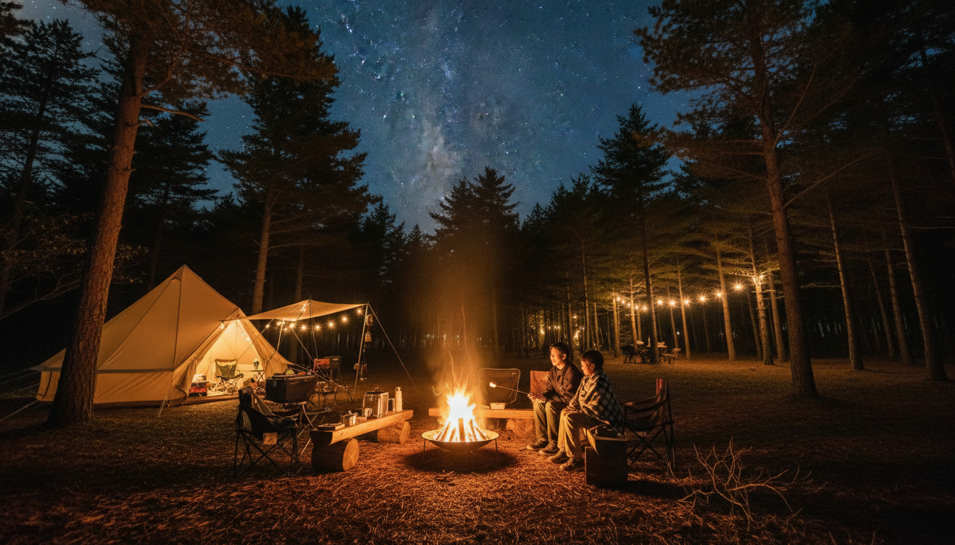 北海道の子連れキャンプ場の夜を彩る、温かい焚き火の光に包まれた静かな森のサイト。
