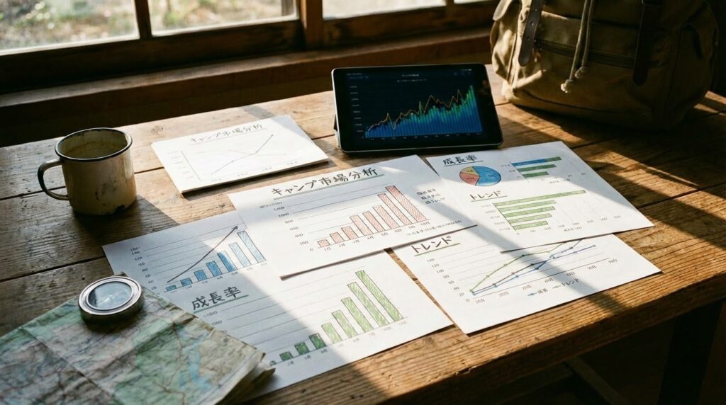 キャンプ市場分析のグラフとチャートが表示されたデスク
