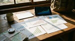 キャンプ市場分析のグラフとチャートが表示されたデスク