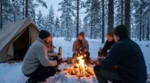 冬キャンプの楽しみ方：焚き火を囲む様子