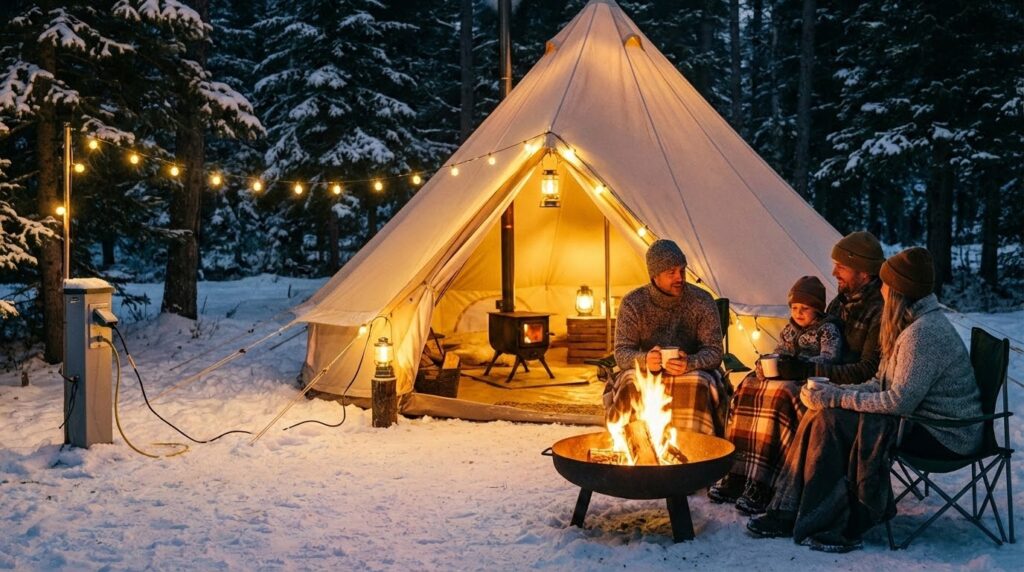 夜の電源付きサイトで暖かく過ごす冬キャンプの様子