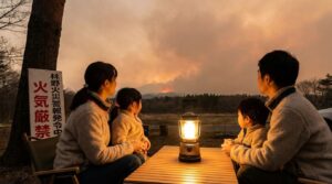 林野火災警報発令時にLEDランタンでキャンプを楽しむ様子