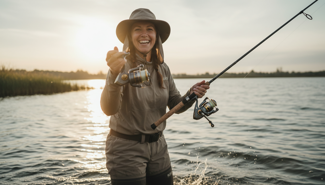 釣りを楽しむ笑顔の女性アウトドアマンと新しいリールのイメージ