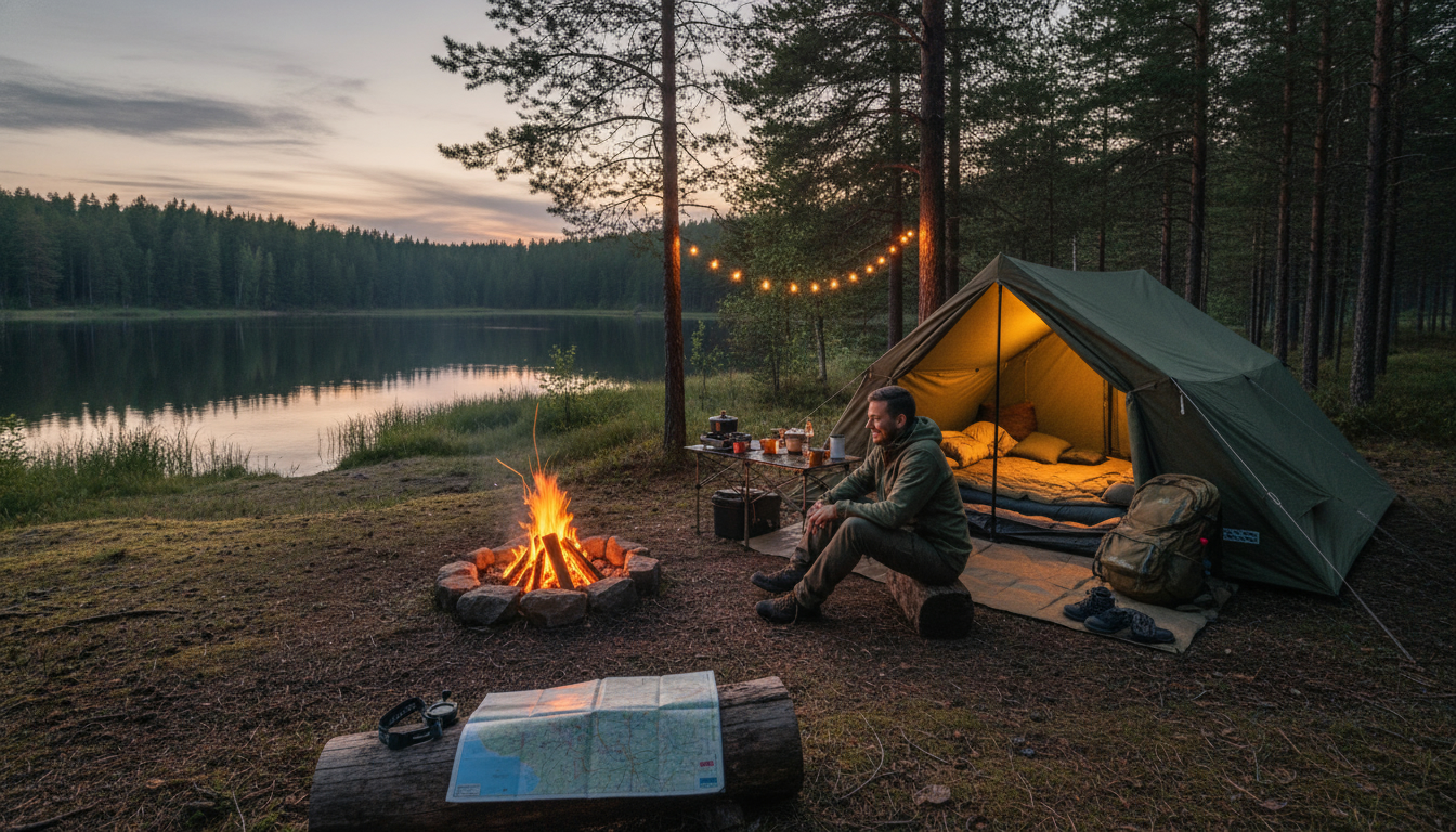 キャンプ初心者でも楽しめる、晴れた日のキャンプ場でテント設営をする笑顔の家族