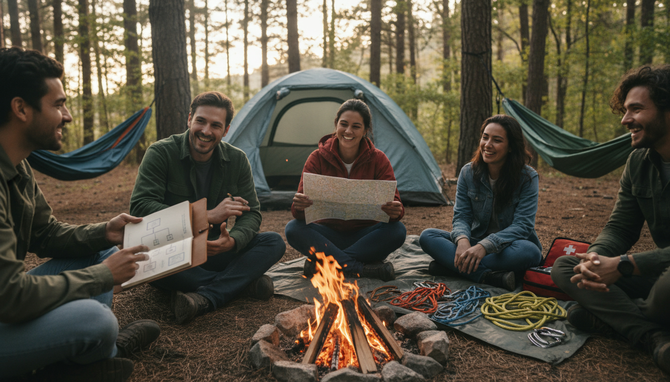 キャンプ仲間募集で集まった男女が焚き火を囲んで笑顔で乾杯している様子