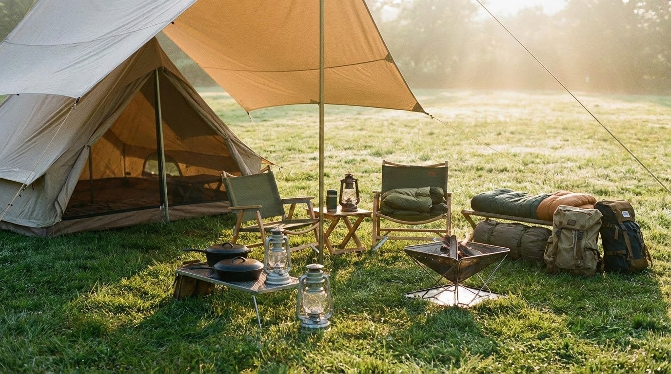 芝生の上に並べられた魅力的なキャンプギア一式