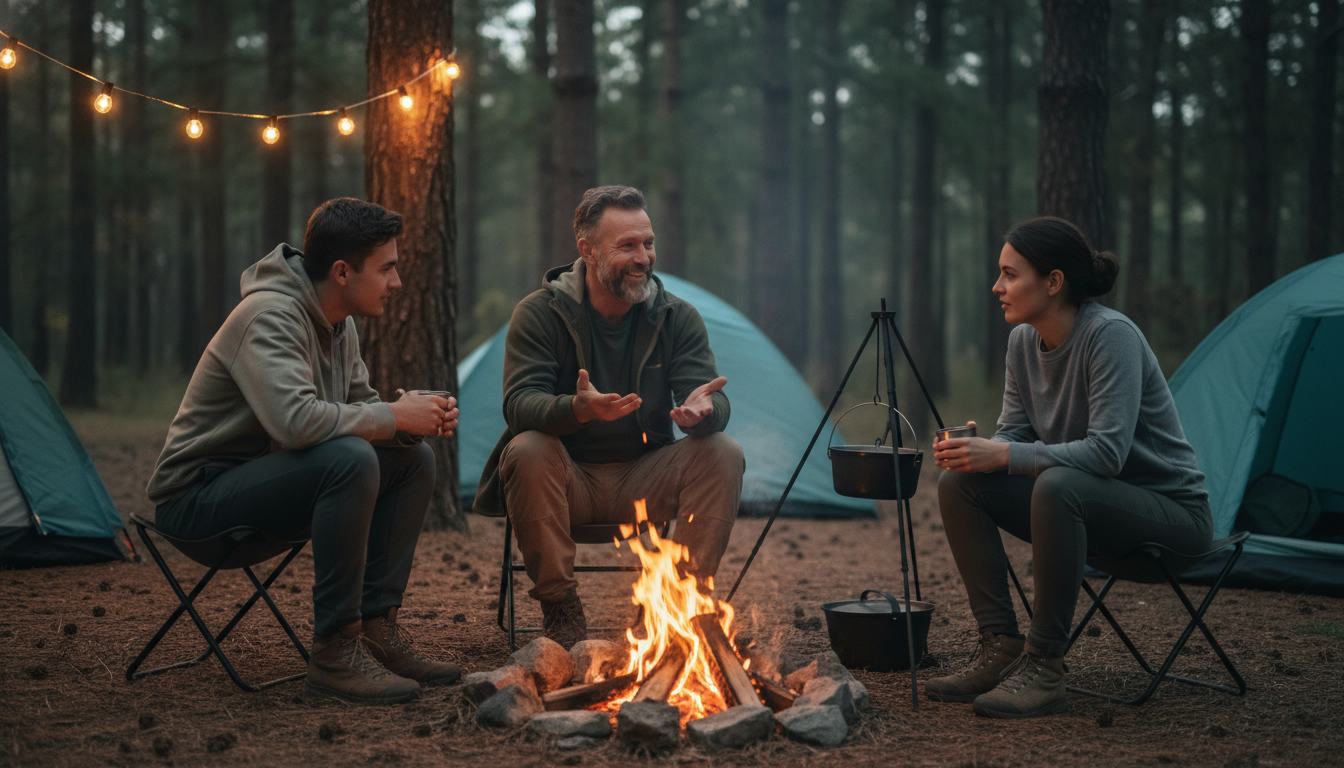 キャンプ友達の作り方_焚き火を囲んで料理をする笑顔のグループ