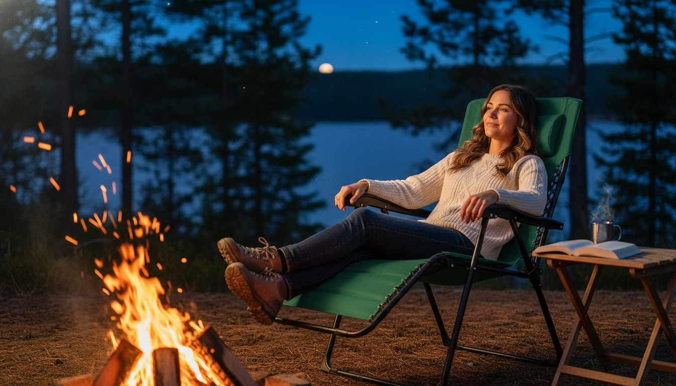 リクライニング機能付きのコールマン新作チェアで焚き火を楽しみながらリラックスする女性
