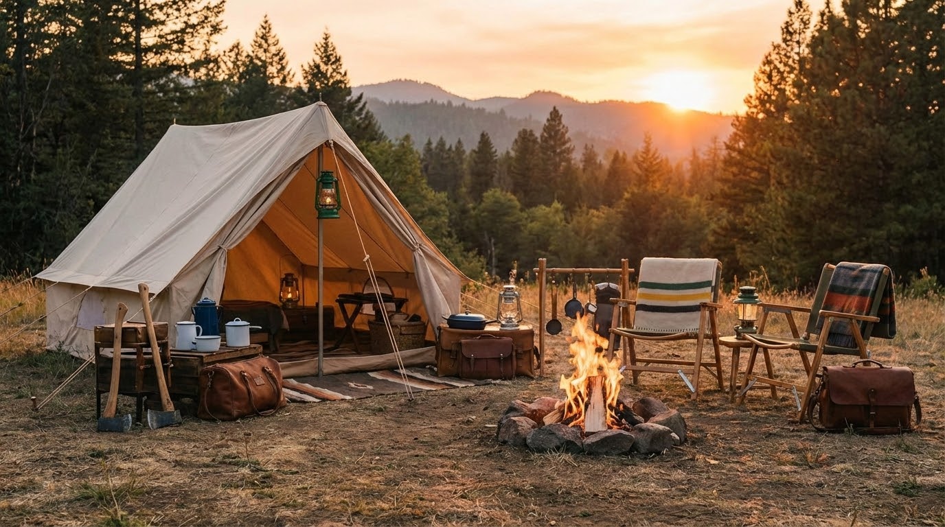 夕暮れ時のキャンプサイトと整えられた道具